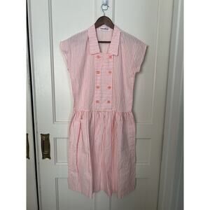 Vintage Hang Ten Striped Button Shift Dress Womens Size 12 Orange White Beachy
